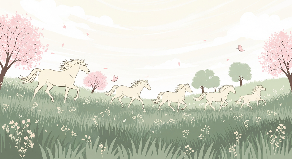 Cream Horses Running Through a Blossom Meadow Wall Mural