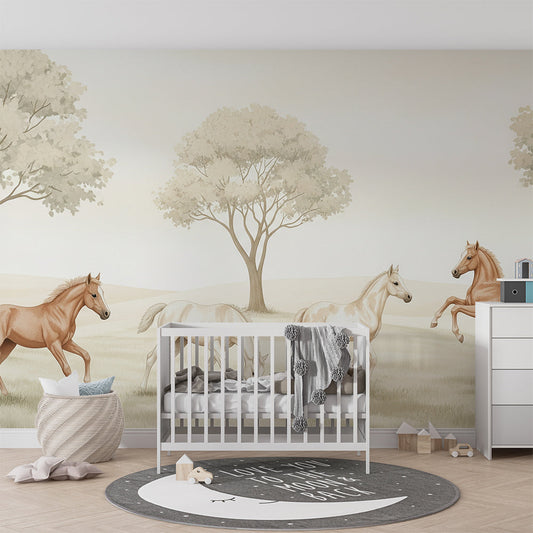 Kids-Mundo horse meadow wall mural bringing a peaceful countryside scene to a kids bedroom wall