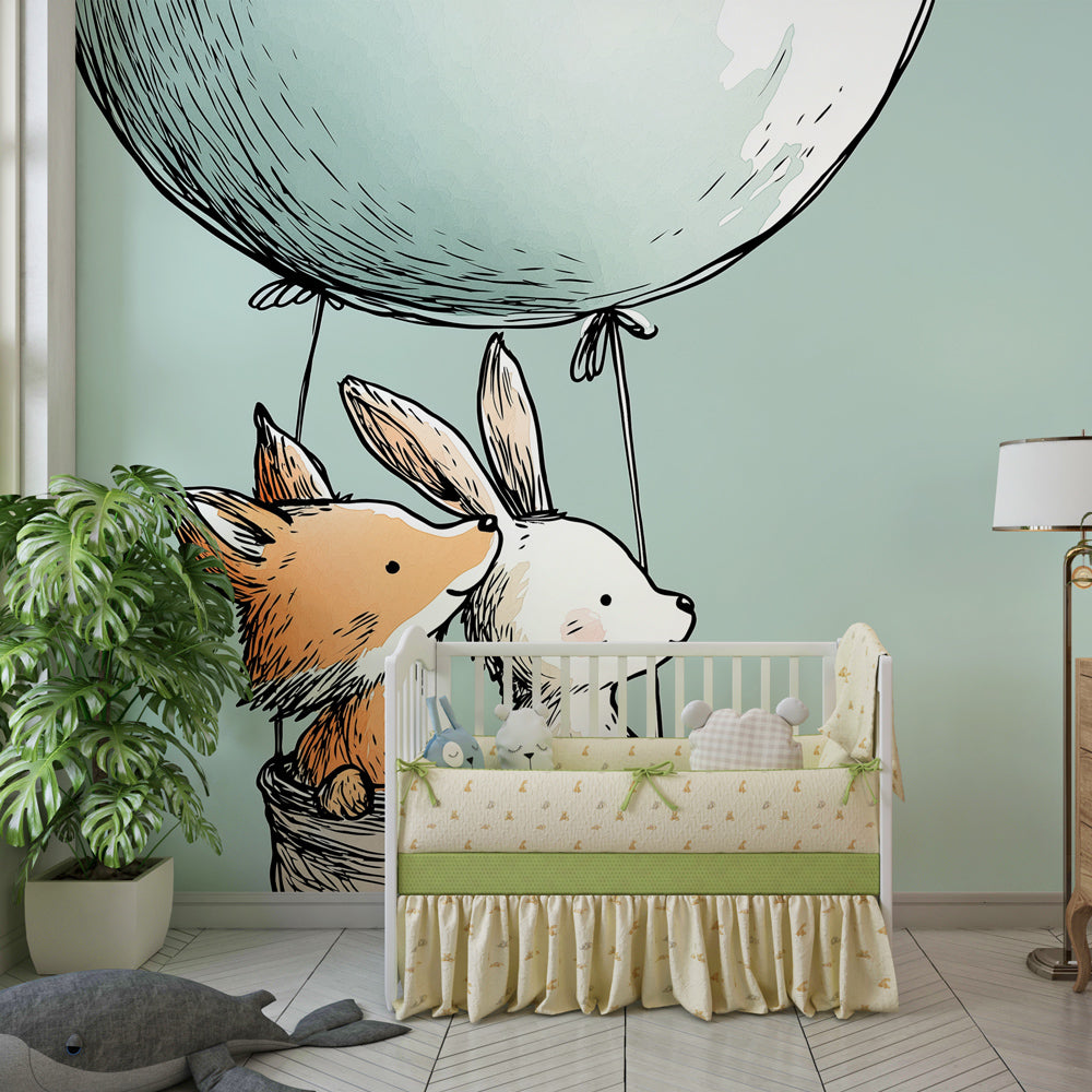 Fox and rabbit balloon adventure wallpaper creating magical atmosphere in baby's bedroom