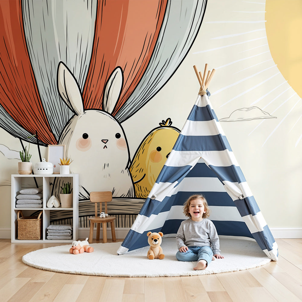 Hot air balloon mural wallpaper in modern baby nursery with light wood crib by Kids-Mundo
