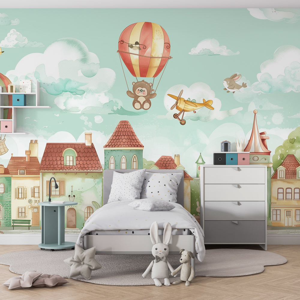 Enchanted village balloon wallpaper creating magical atmosphere in kids bedroom decor