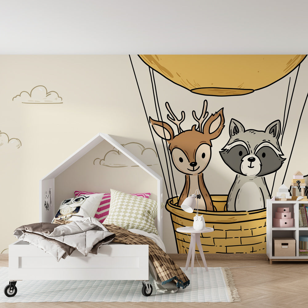 Adventure themed mural wallpaper with deer and raccoon in children's bedroom decor
