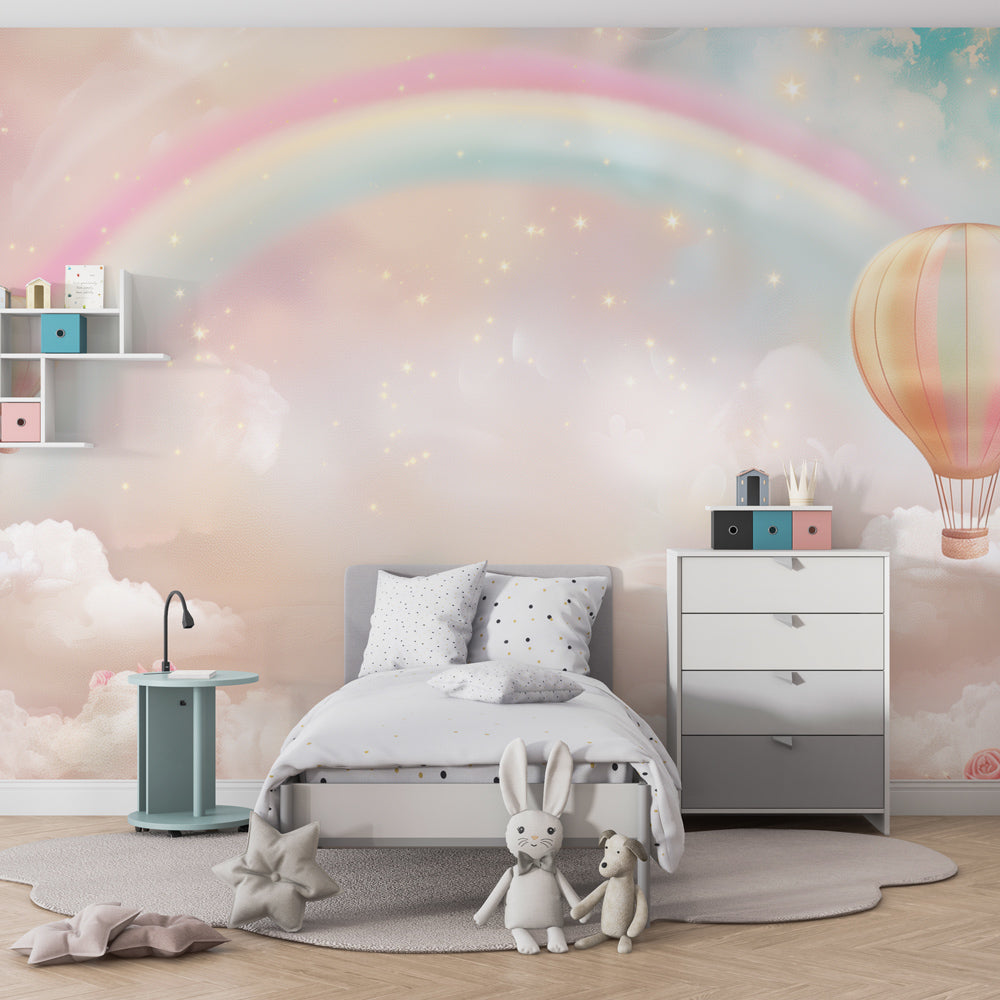 Rainbow balloon wallpaper creating magical atmosphere in toddler bedroom decor
