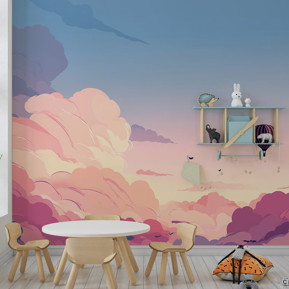 Dreamy balloon wallpaper creating serene kids bedroom with soft cloud design