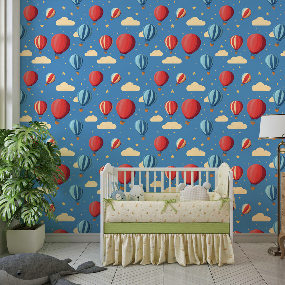 Colorful balloon wallpaper transforming children's bedroom into sky adventure space