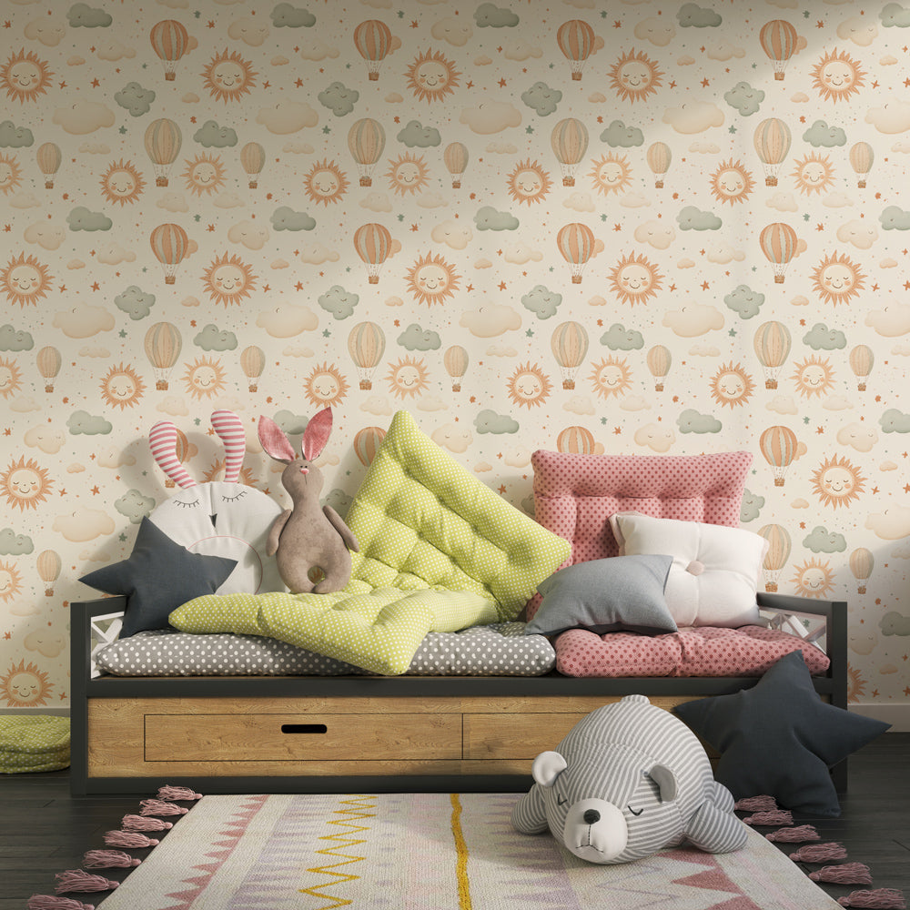 Sky-themed children's bedroom featuring hot air balloon and clouds wallpaper from Kids-Mundo