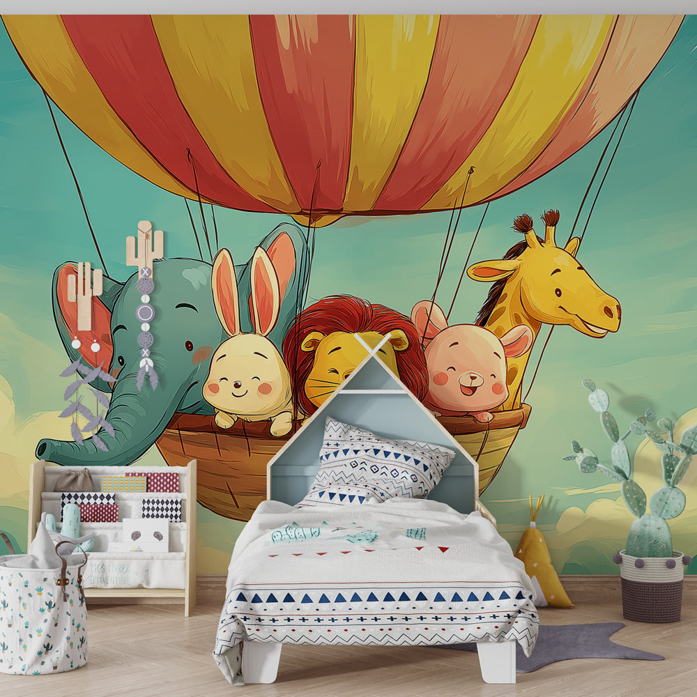 Children's bedroom featuring hot air balloon animal adventure mural wallpaper with blue sky theme