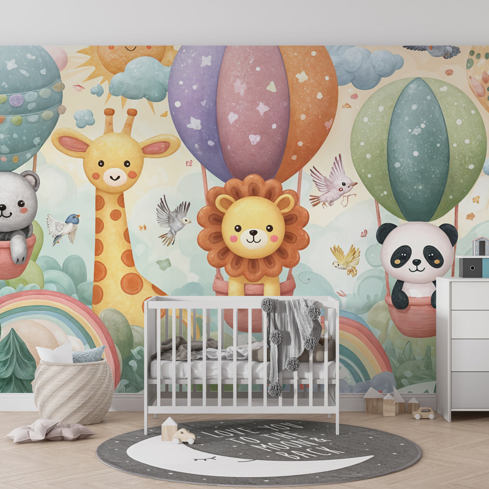 Whimsical animal hot air balloon wallpaper creating magical atmosphere in children's bedroom
