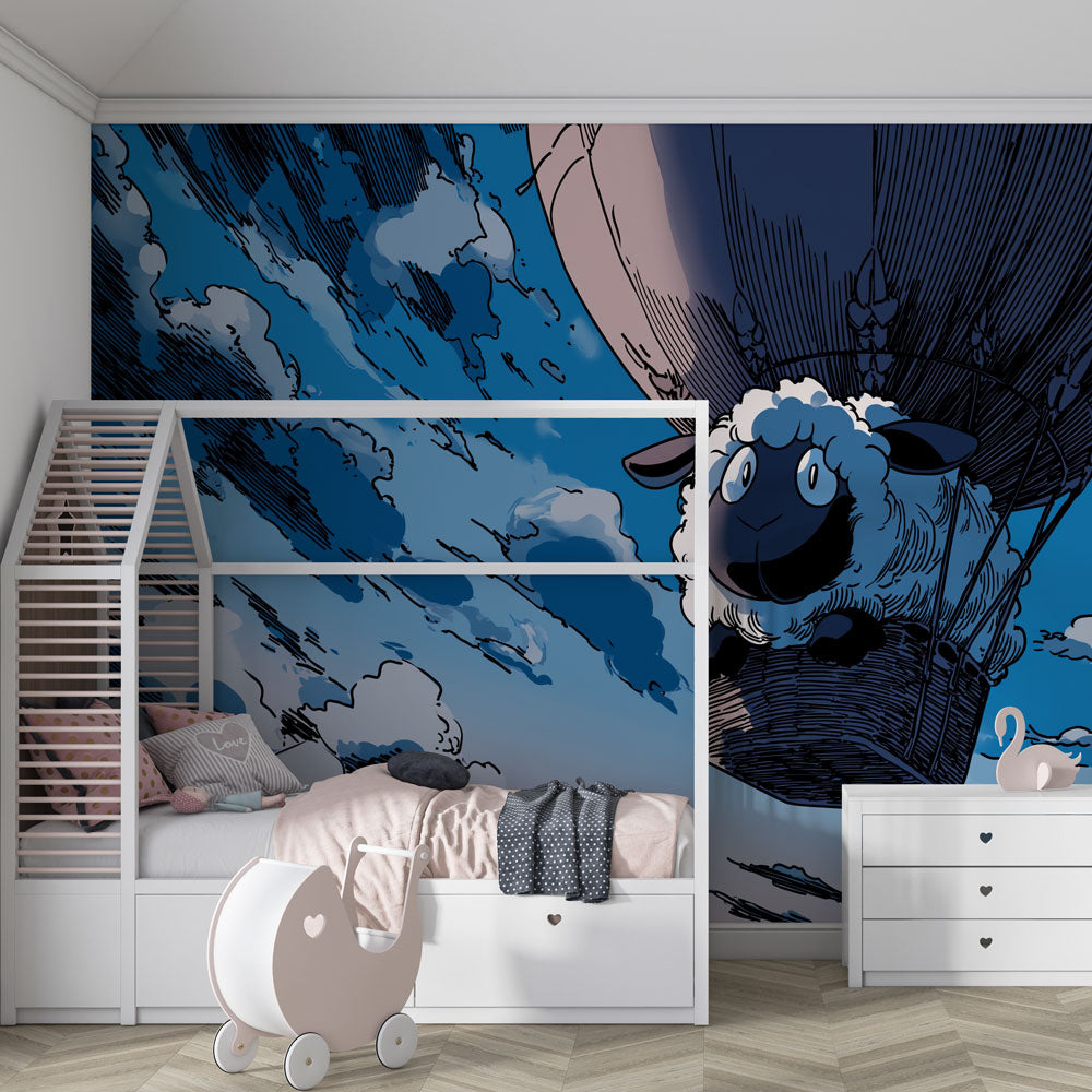 Children's hot air balloon wallpaper transforming bedroom into sky adventure space