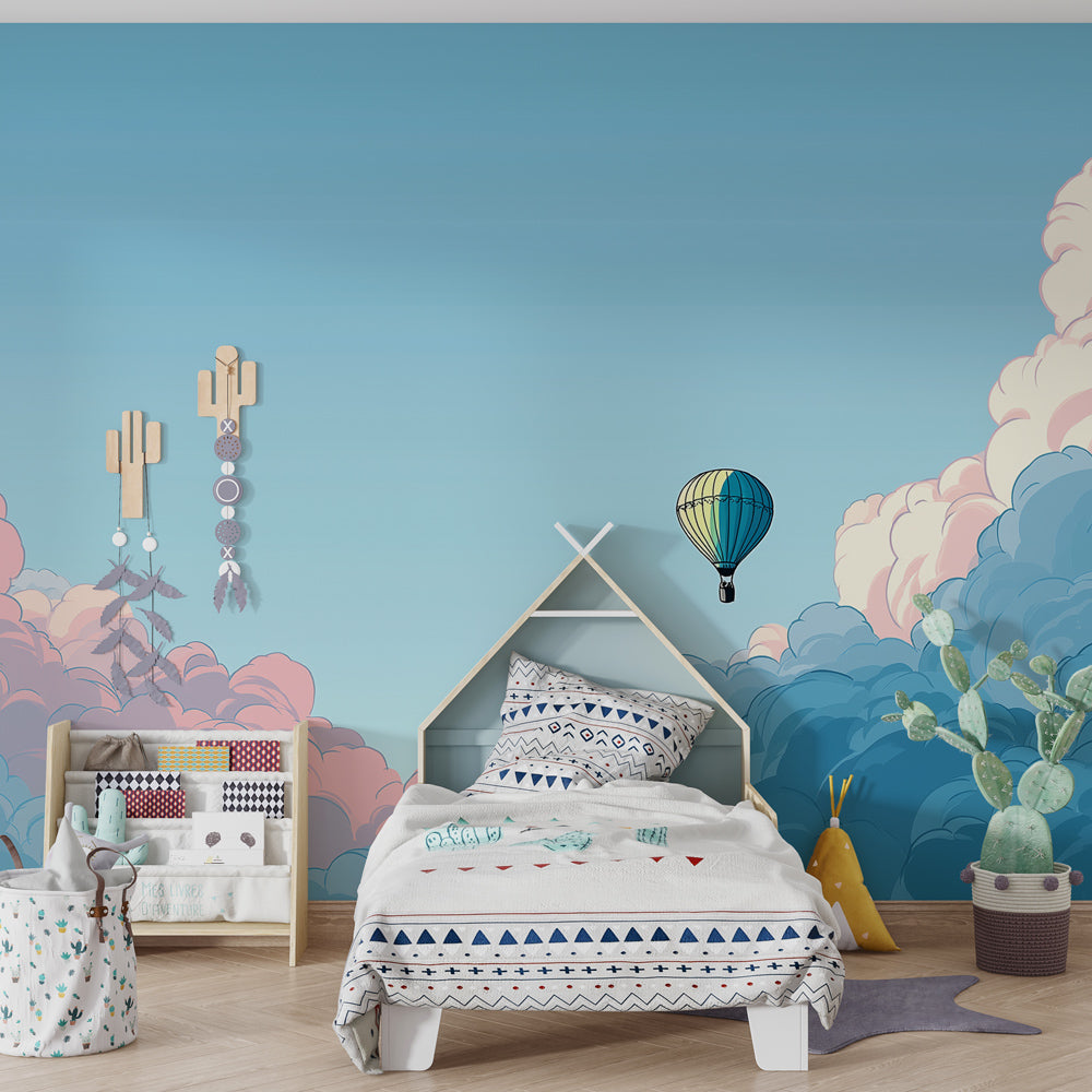 Dreamy sky balloon wallpaper creating magical children's bedroom decor with cloud design