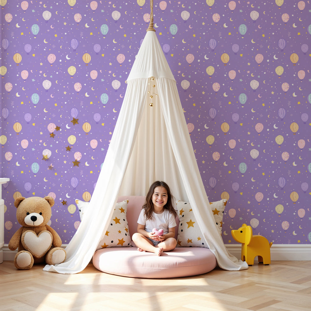 Hot air balloon mural wallpaper in purple nursery with starry sky design by Kids-Mundo