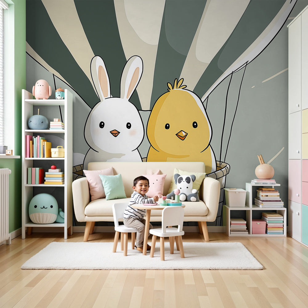 Hot air balloon mural wallpaper with bunny and chick in bright nursery setting by Kids-Mundo