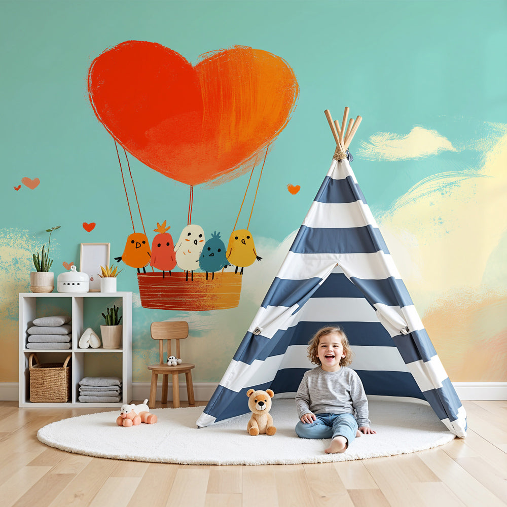 Hot air balloon mural wallpaper with birds and hearts in modern baby nursery by Kids-Mundo