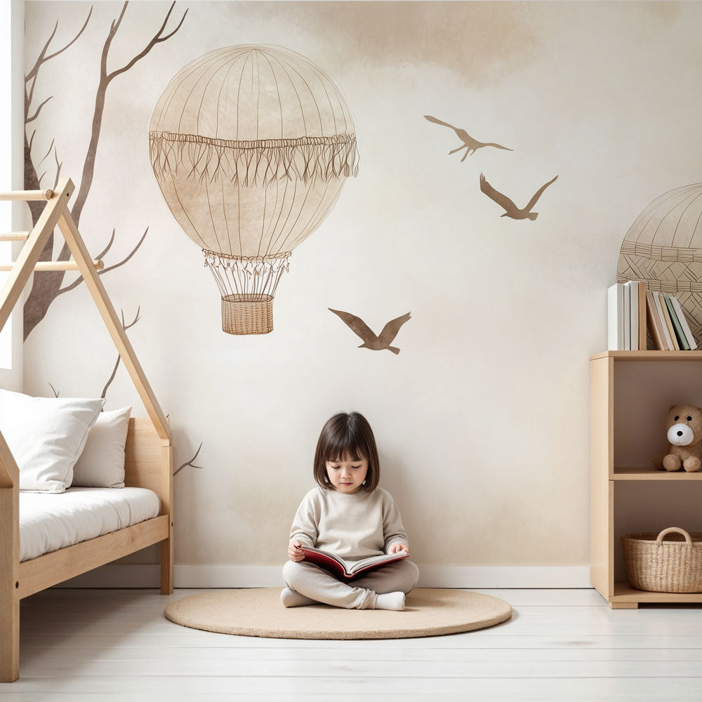 Vintage hot air balloon mural wallpaper creating serene beige nursery decor by Kids-Mundo