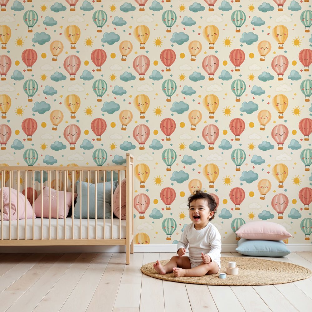 Hot air balloon mural wallpaper in bright nursery with white crib by Kids-Mundo