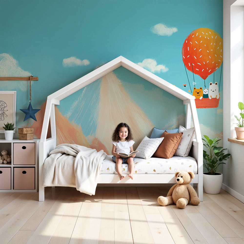 Hot air balloon mural wallpaper with animals creating magical nursery decor by Kids-Mundo