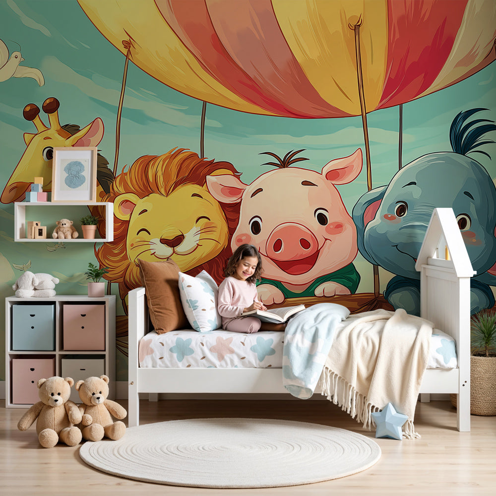Hot air balloon mural wallpaper with animals in clouds decorating modern nursery by Kids-Mundo