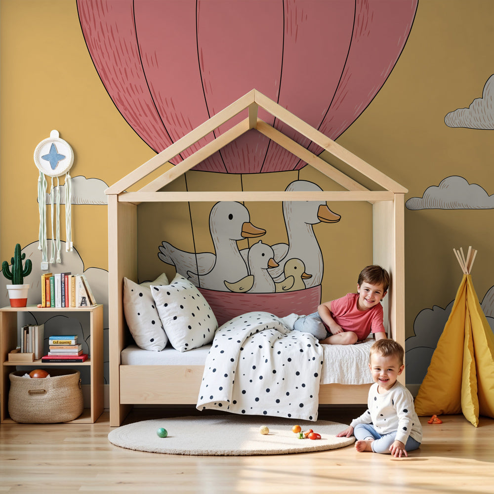 Hot air balloon mural wallpaper with happy ducks in modern baby nursery by Kids-Mundo