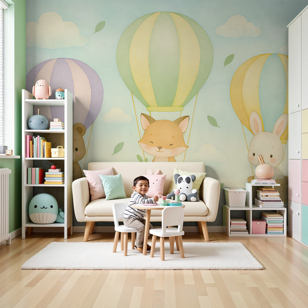 Hot air balloon mural wallpaper with pastel animals in modern nursery room by Kids-Mundo