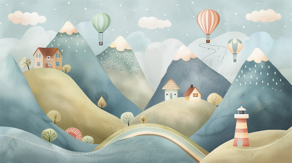 Flat artwork of hot air balloons over a pastel mountain village, Kids-Mundo mural design