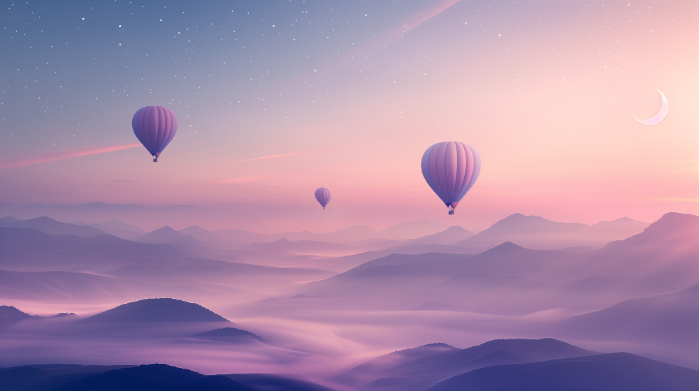 Kids-Mundo flat artwork of hot air balloons drifting over a misty pastel dusk sky.