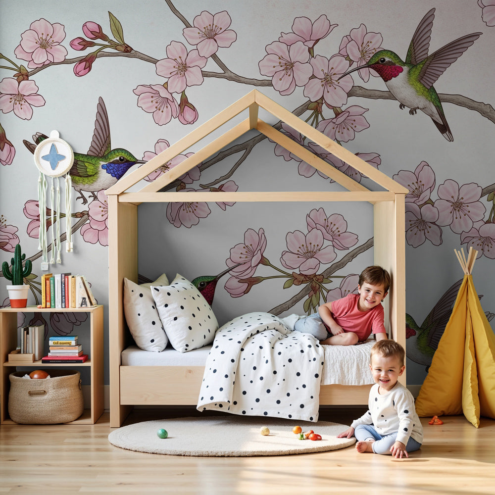 Hummingbird cherry blossom mural wallpaper in elegant nursery decor by Kids-Mundo