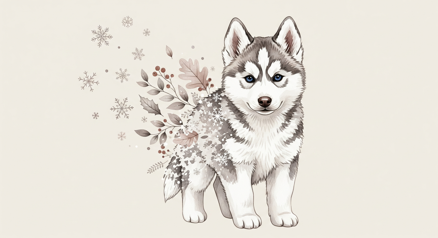 Kids-Mundo flat artwork of an illustrated husky puppy with snowflakes and leaves