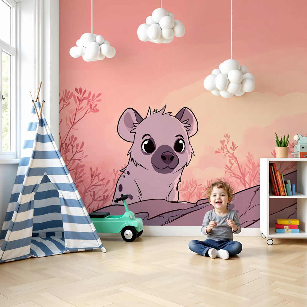 Hyena safari mural wallpaper creating peaceful sunset atmosphere in modern nursery by Kids-Mundo