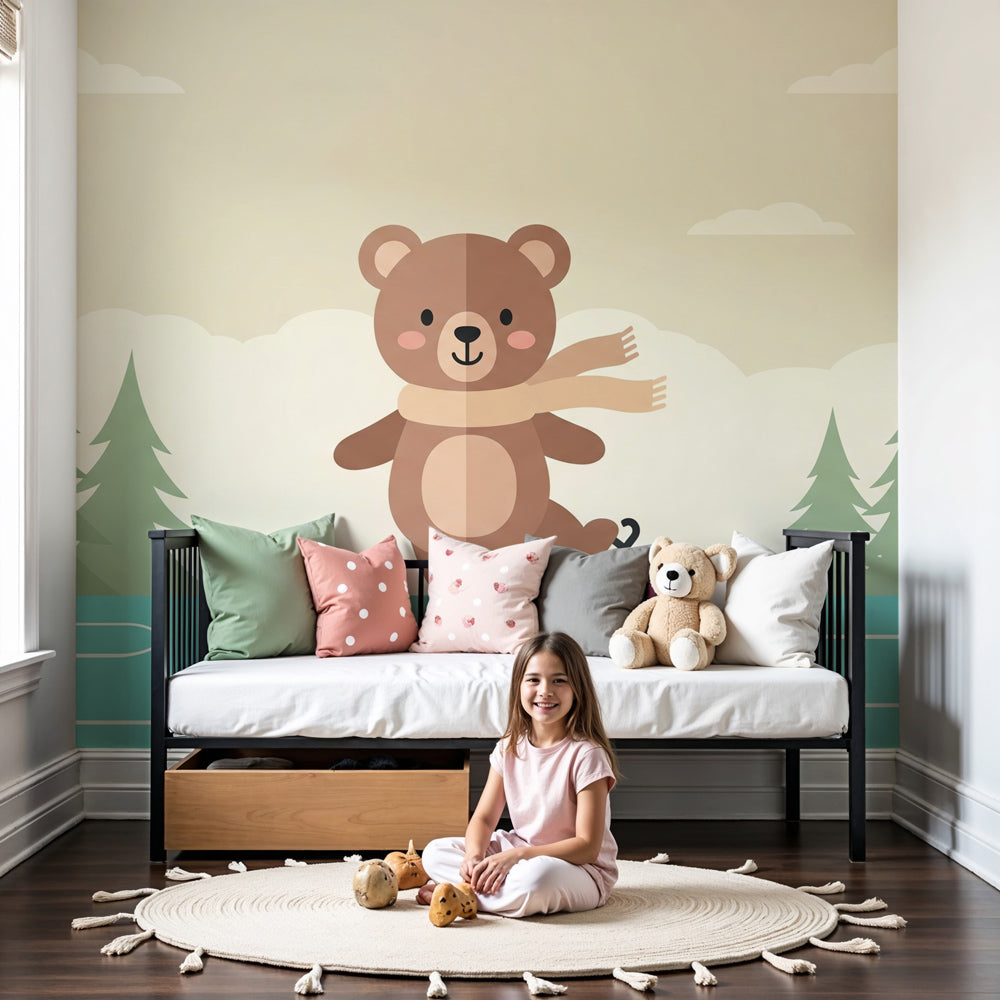 Ice skating bear mural wallpaper creating magical winter nursery decor by Kids-Mundo