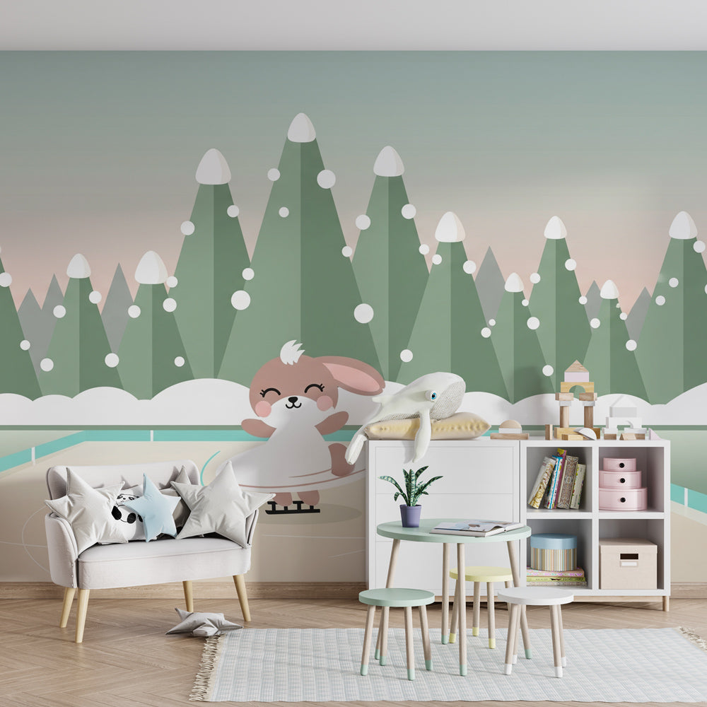 Winter bunny wallpaper creating magical children's bedroom decor with snowy forest scene