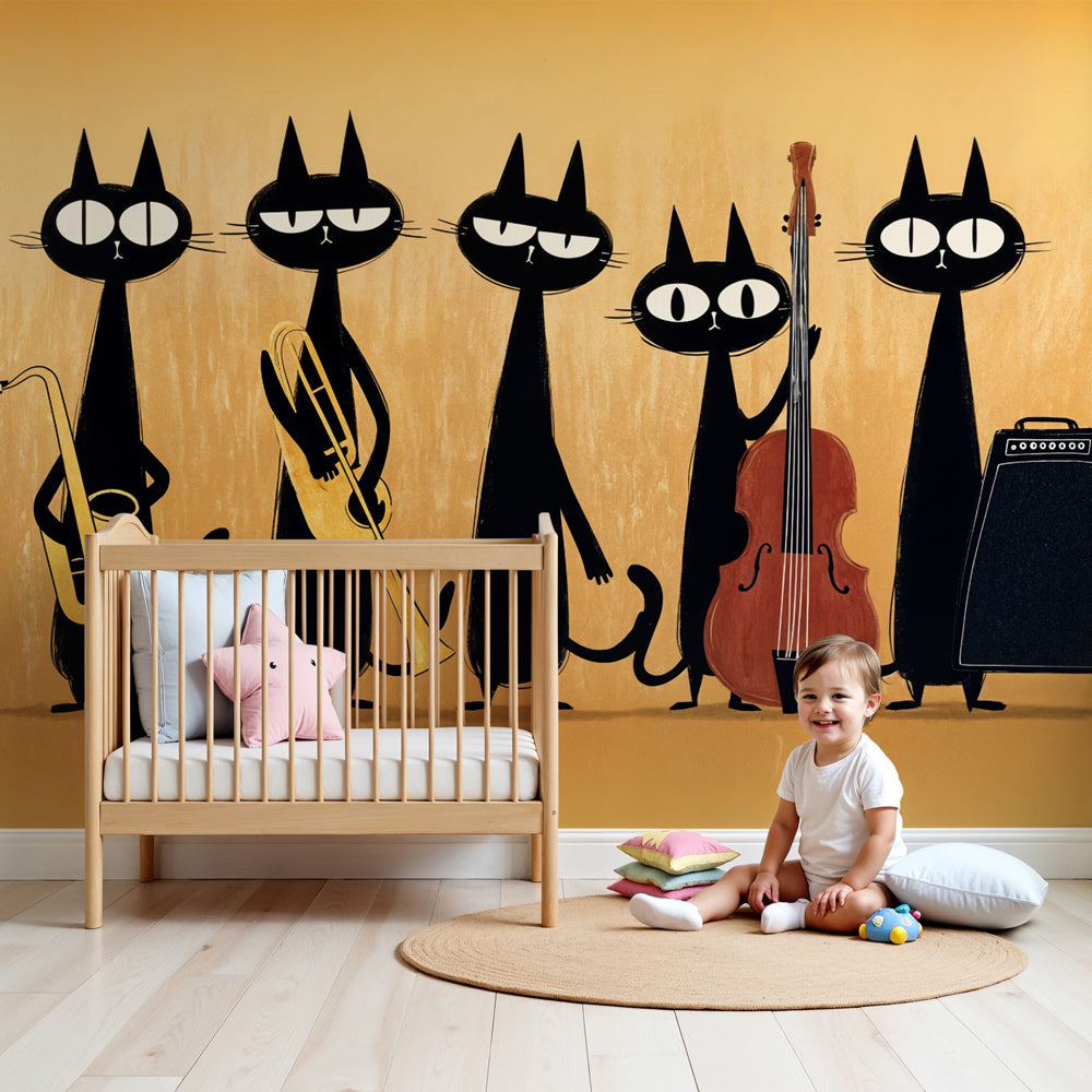 Jazz cat mural wallpaper in modern kids bedroom with musical feline orchestra by Kids-Mundo