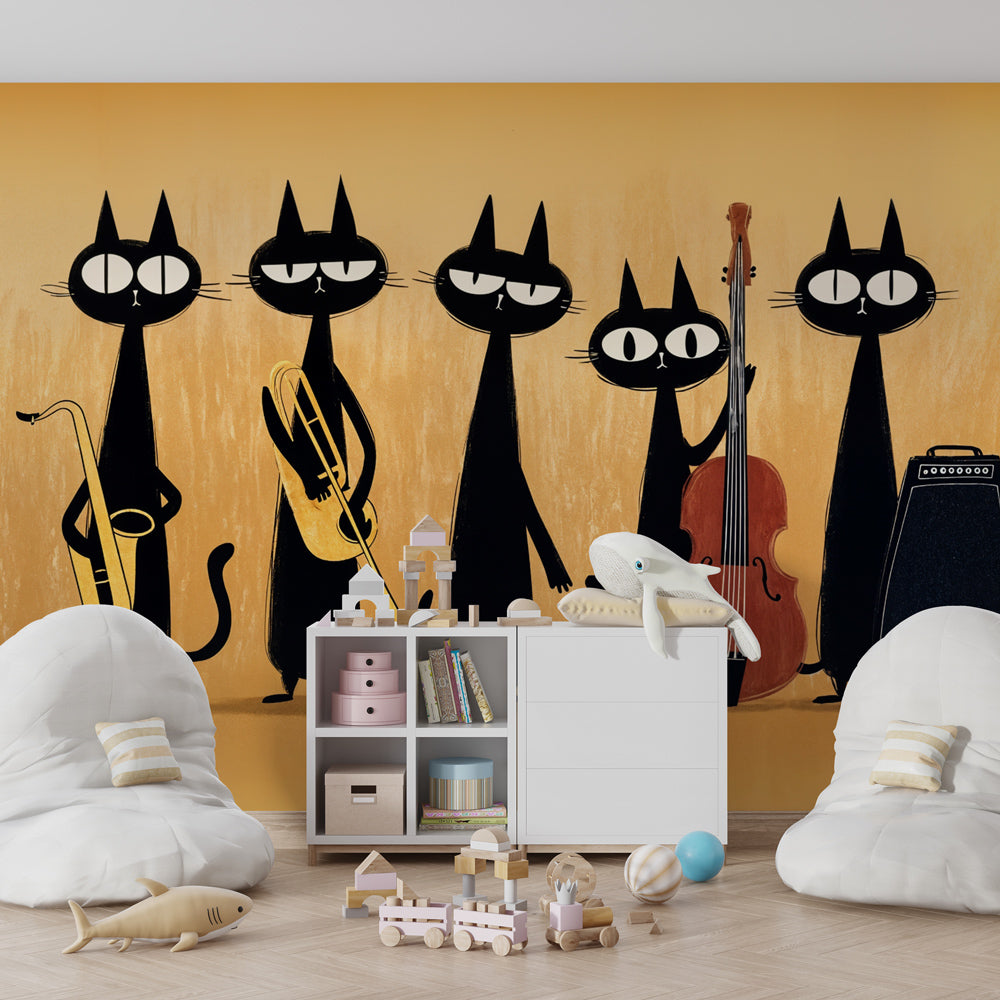 Musical cat wallpaper creating playful nursery decor with orange background and jazz theme