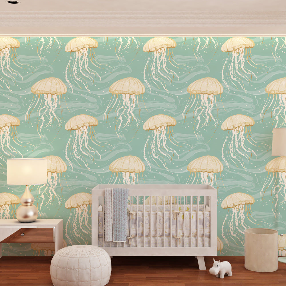 Ocean themed children's bedroom featuring jellyfish mural wallpaper with marine life design by Kids-Mundo