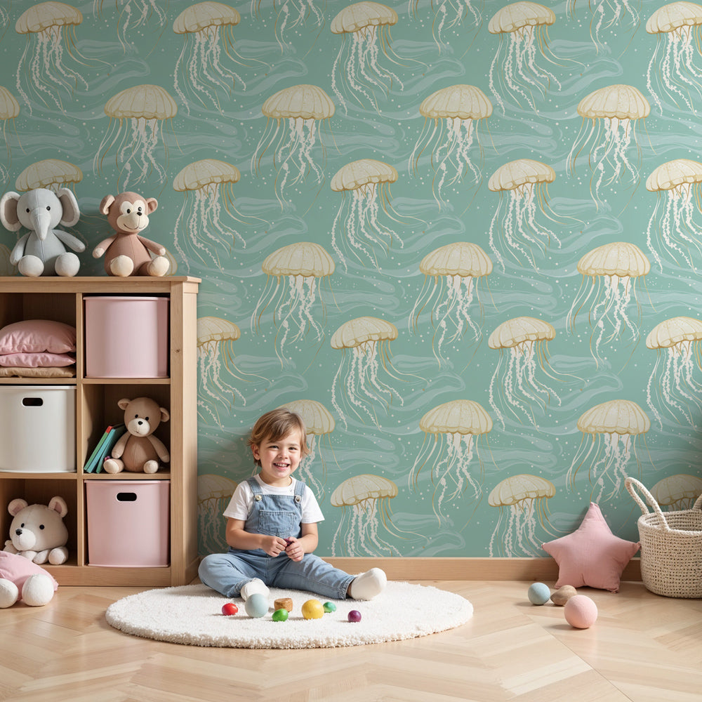 Jellyfish mural wallpaper creating peaceful underwater nursery decor with turquoise ocean waves by Kids-Mundo