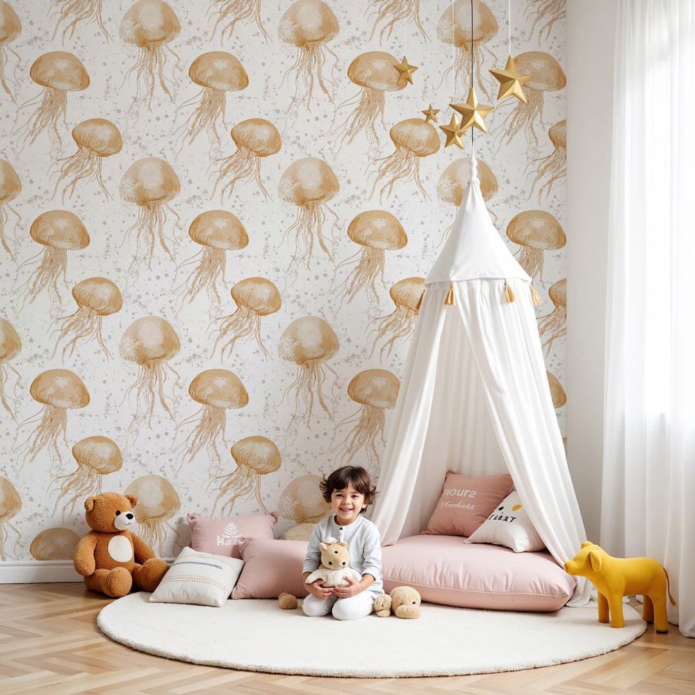 Golden jellyfish mural wallpaper decorating modern nursery room by Kids-Mundo