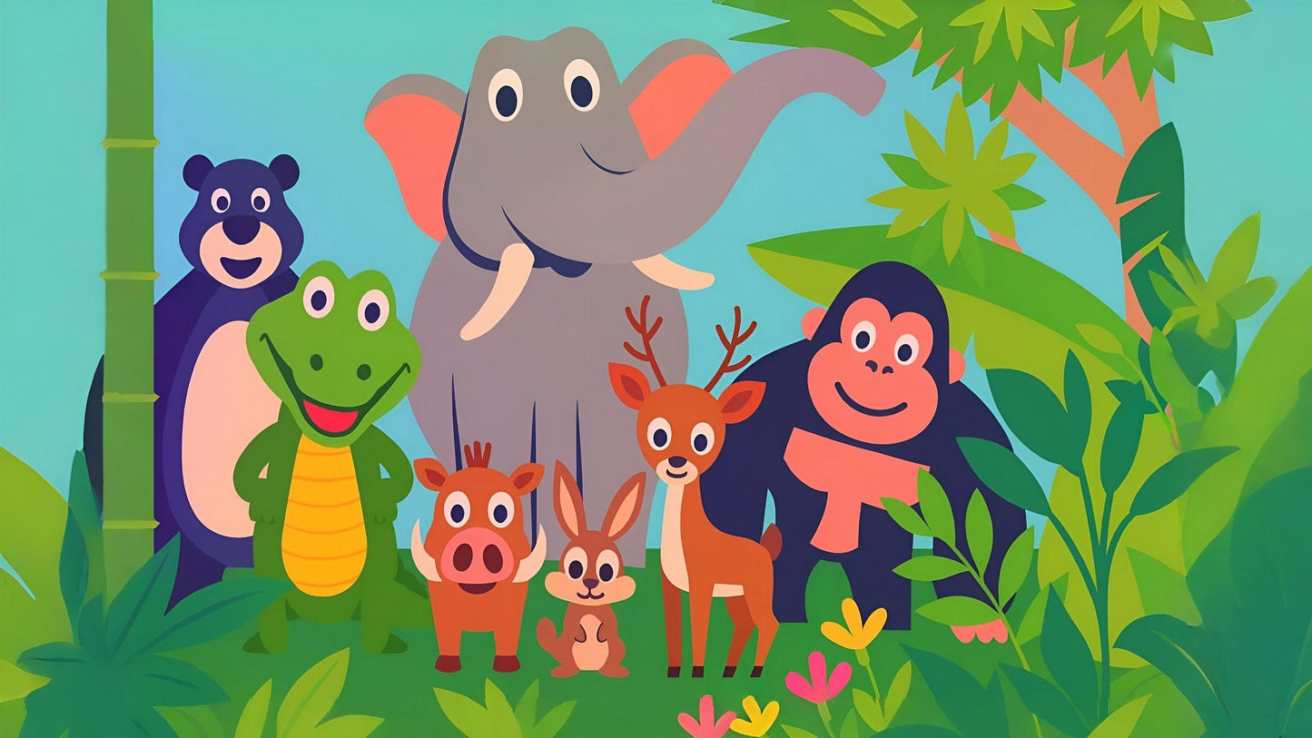 Kids-Mundo flat artwork of a bear, crocodile, elephant, deer and gorilla in the jungle.