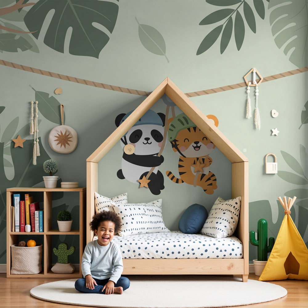Jungle animals mural wallpaper with panda and tiger in kids bedroom by Kids-Mundo