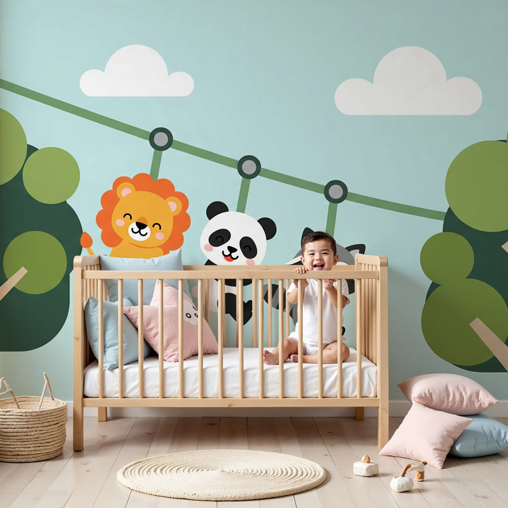 Jungle animals mural wallpaper with safari theme in modern baby nursery by Kids-Mundo