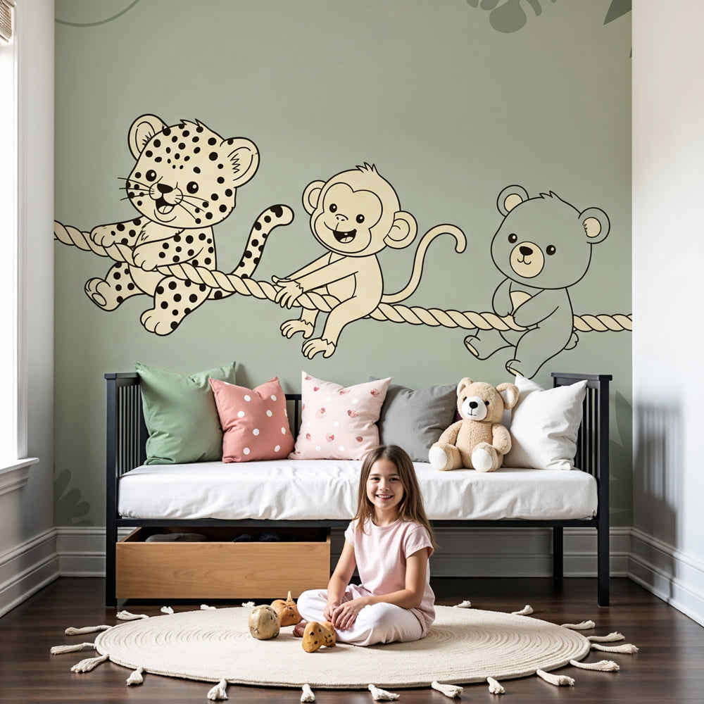 Jungle animals mural wallpaper featuring safari friends in modern baby nursery by Kids-Mundo