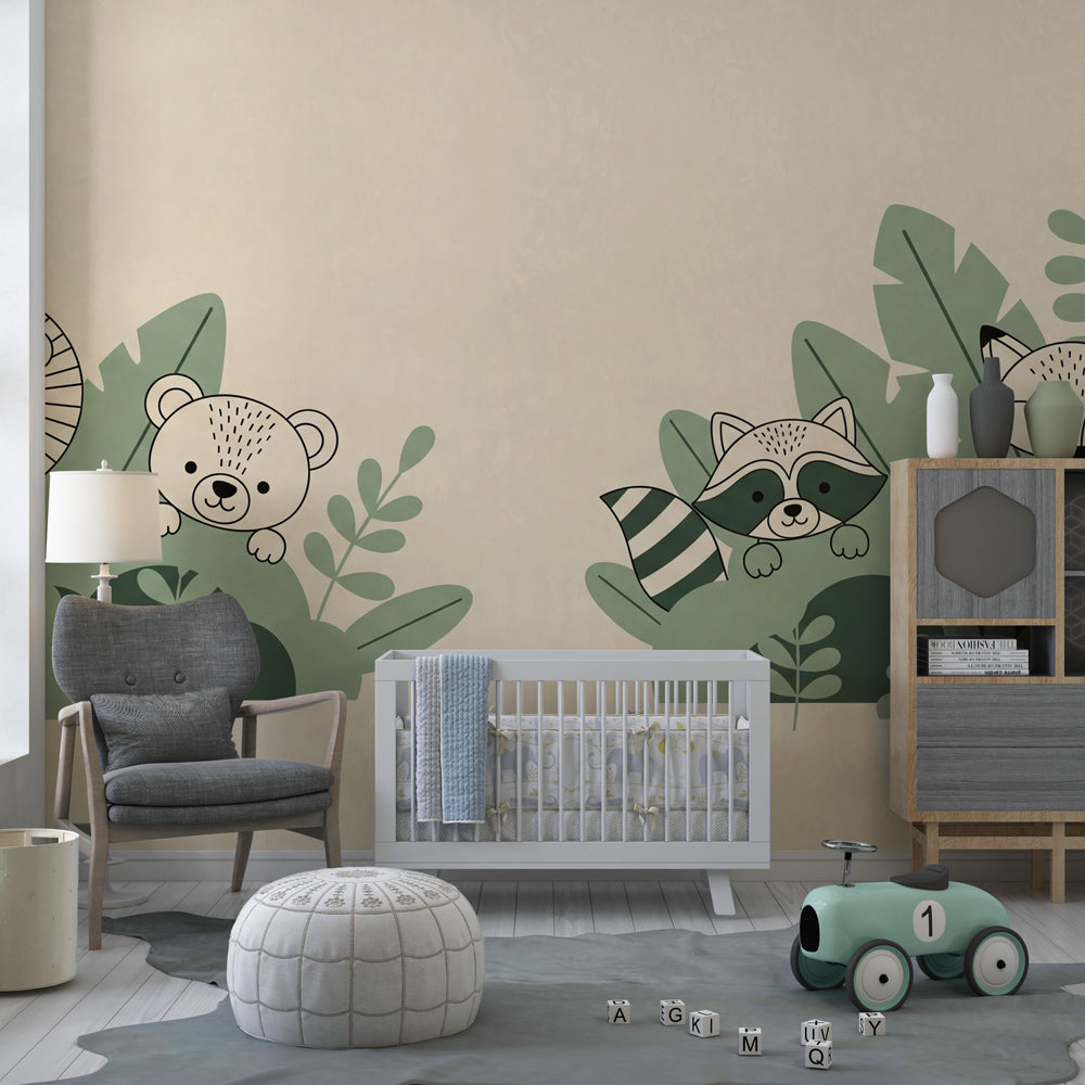 Cute safari animals wallpaper creating peaceful nursery decor with lion, bear, and fox characters