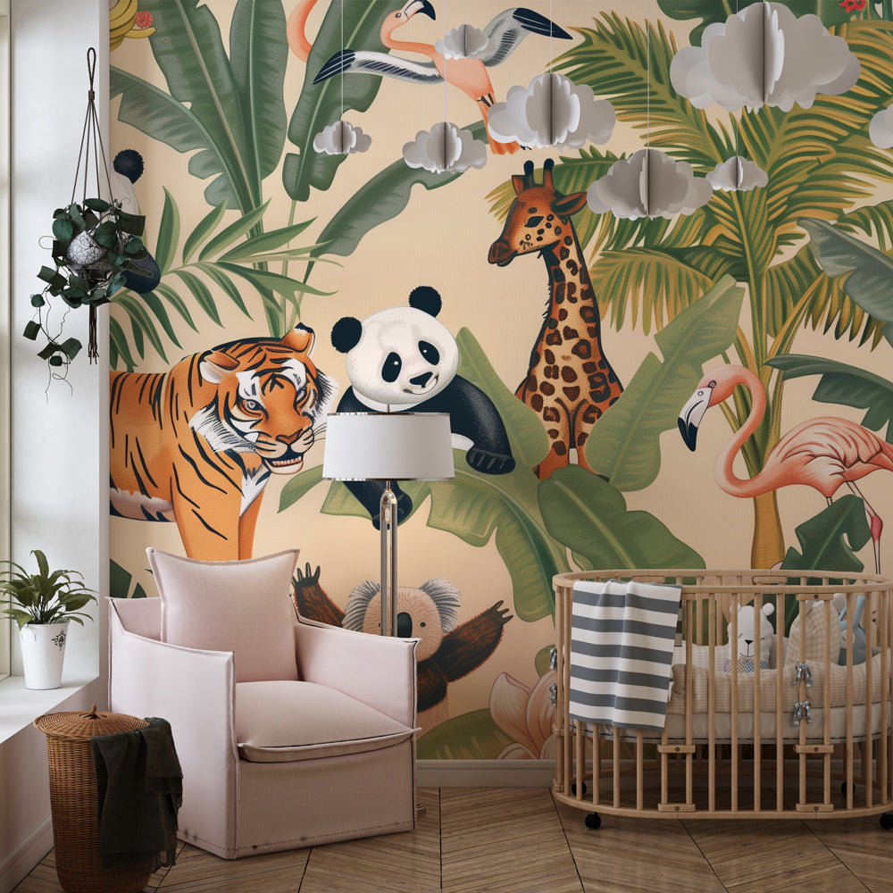 Safari-themed jungle wallpaper transforming kids bedroom with vibrant green botanical design