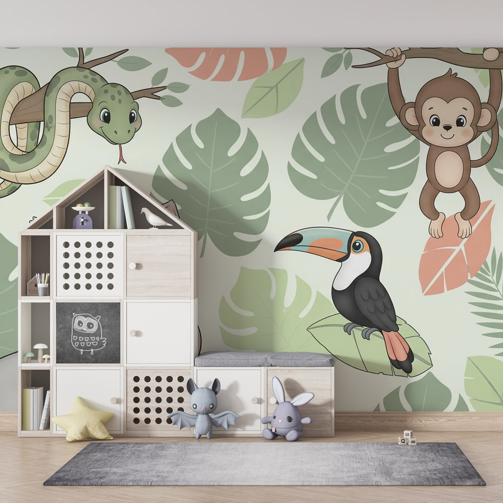 Safari themed mural wallpaper creating tropical adventure atmosphere in kids bedroom decor