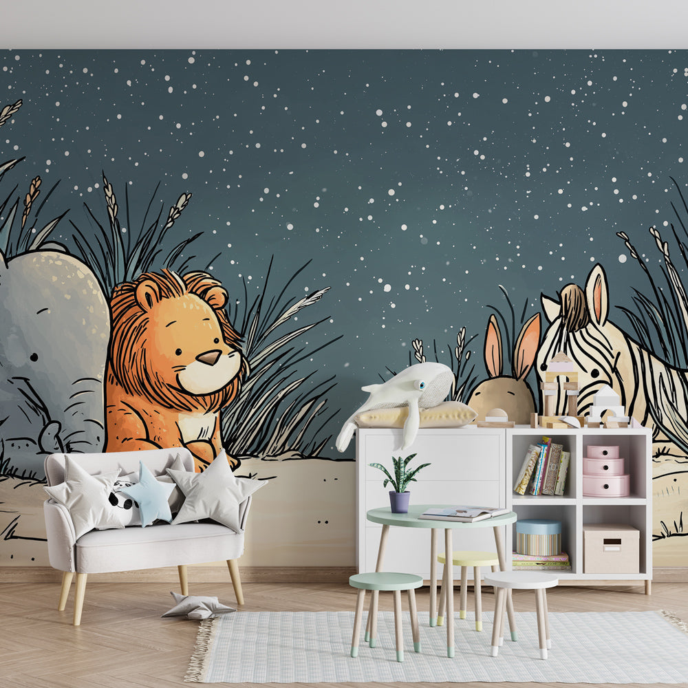 Safari animals wallpaper creating magical kids bedroom decor with elephant and lion
