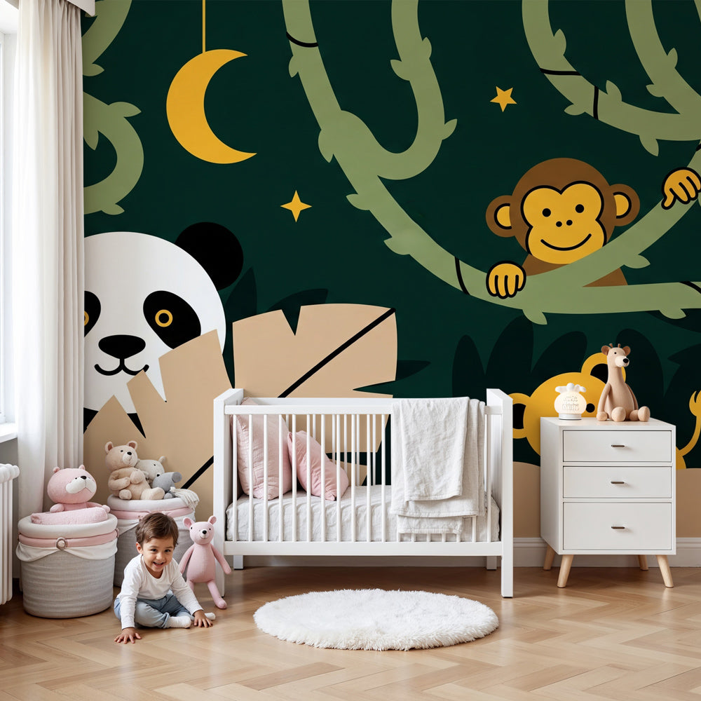 Safari themed mural wallpaper creating tropical atmosphere in children's bedroom