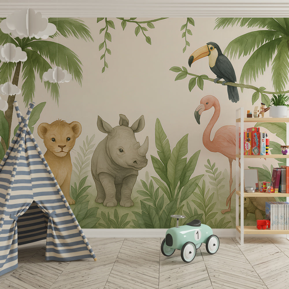 Tropical animals wallpaper featuring lion cub and flamingo in children's bedroom setting