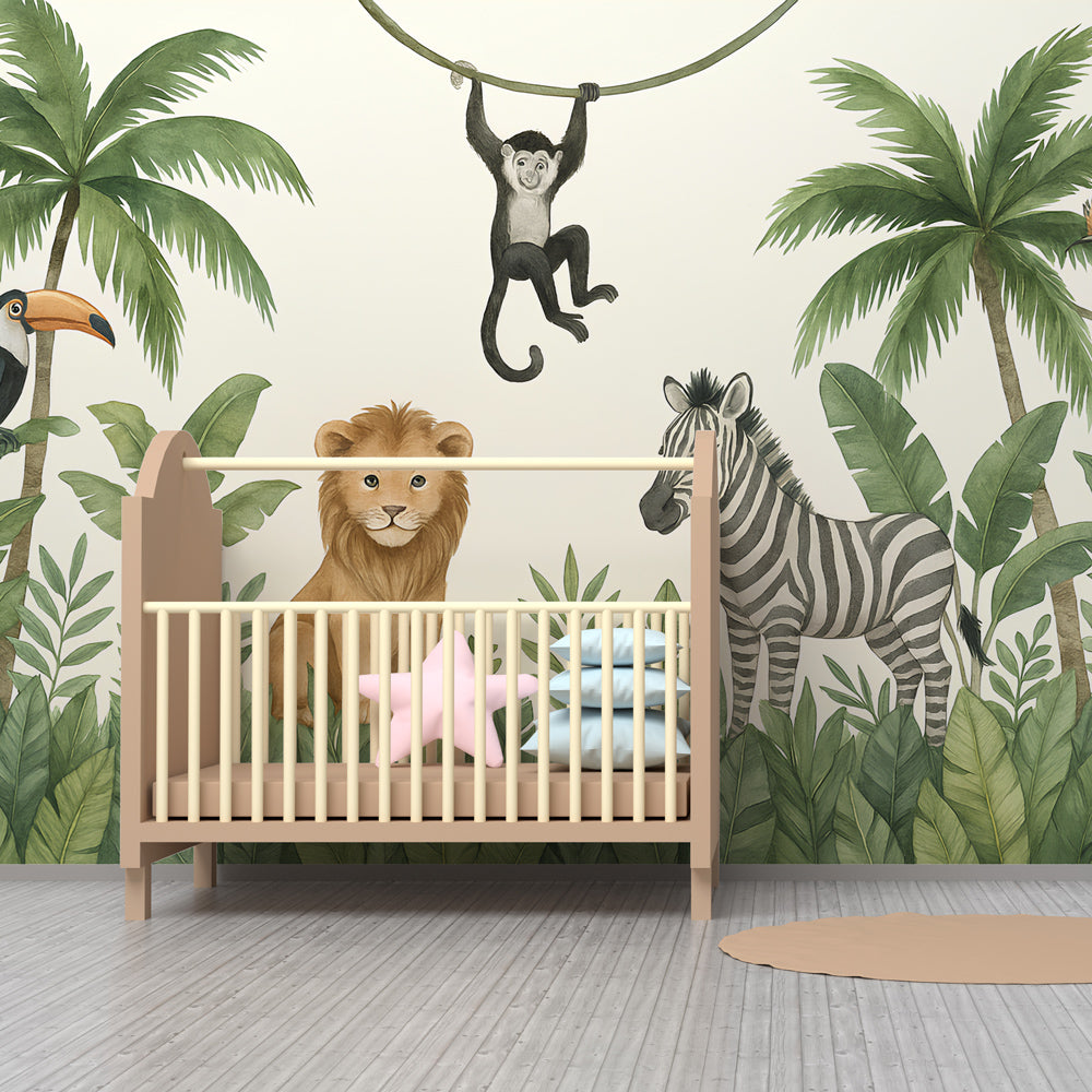 Safari adventure mural wallpaper creating wild jungle atmosphere in children's bedroom
