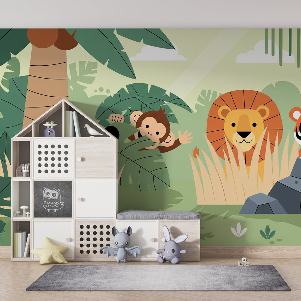 Colorful safari mural wallpaper with panda lion tiger monkey for kids bedroom interior by Kids-Mundo