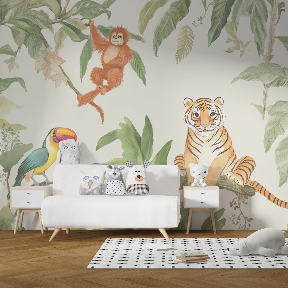 Tiger and orangutan jungle wallpaper in modern children's bedroom with natural wood furniture