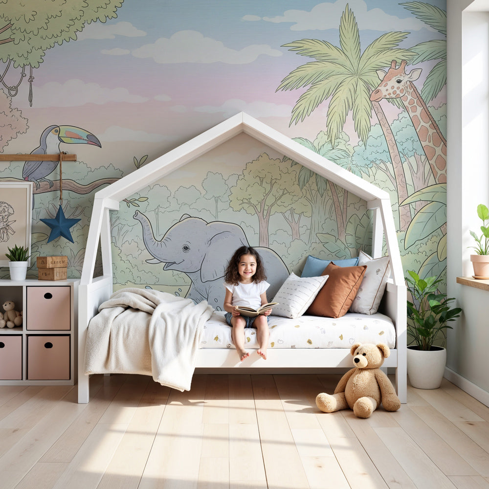 Jungle animals mural wallpaper with elephant and toucan in modern kids bedroom by Kids-Mundo