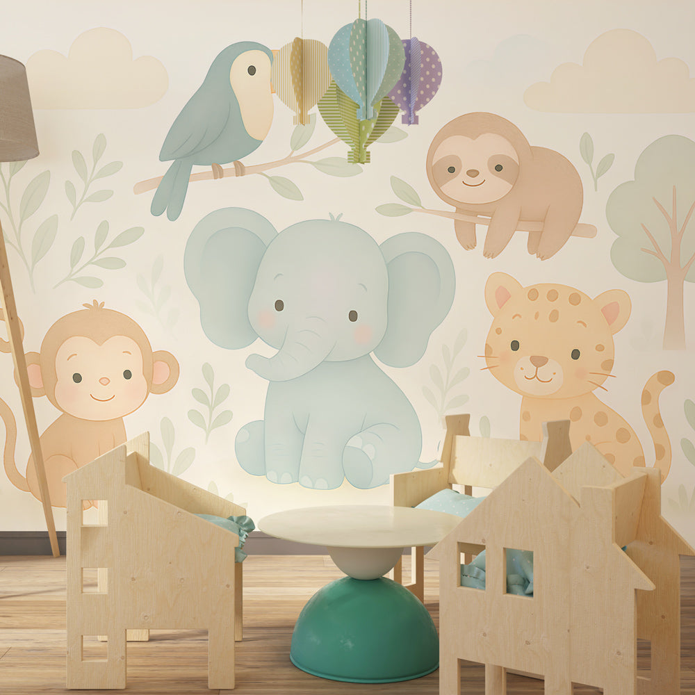 Cute safari animal wallpaper featuring elephant and friends in children's bedroom decor
